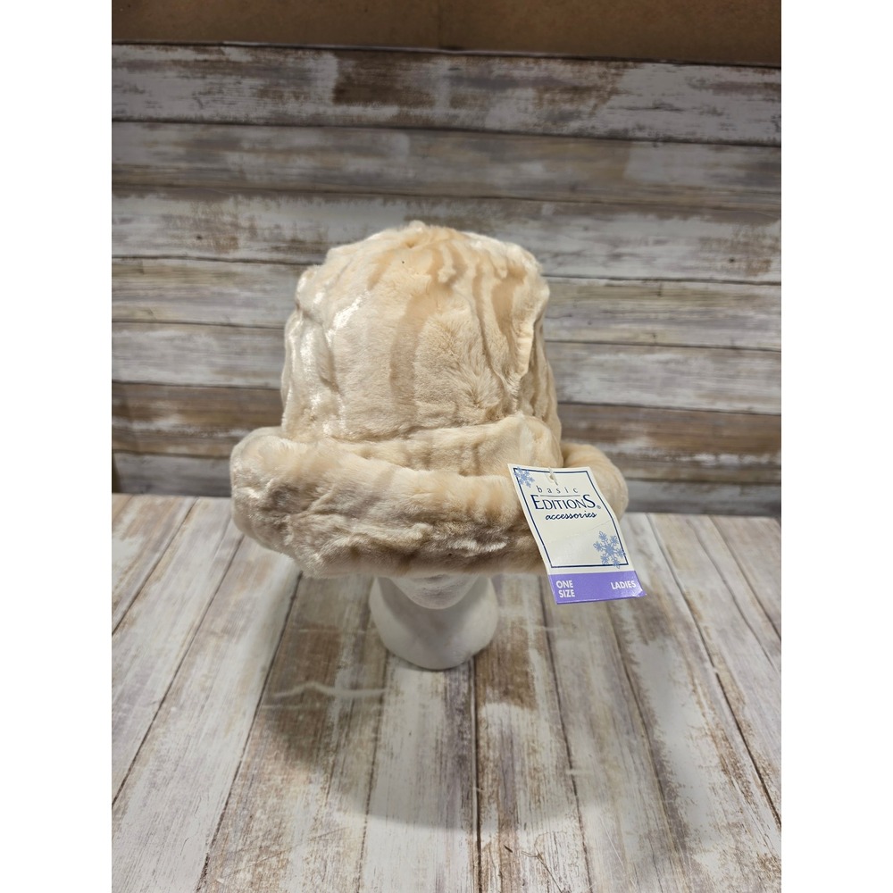 Basic Editions Faux Fur Bucket Hat Cream Beige Winter Plush Rolled Brim NWT
